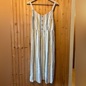 Blue and White Stripe Linen Midi Dress with Buttons